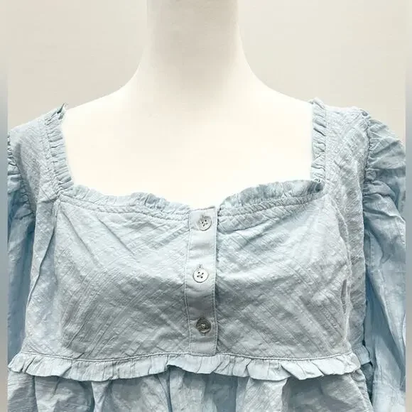 Free People Size Large Leave It To Me Powdered Blue Top Smocked Puff Sleeve NWOT - Picture 4 of 11